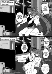 Rule 34 | 2girls, comic, english text, expectations/reality, holocouncil, hololive, hololive english, monochrome, multiple girls, nanashi mumei, ouro kronii, scared, television, terraneandraws, virtual youtuber