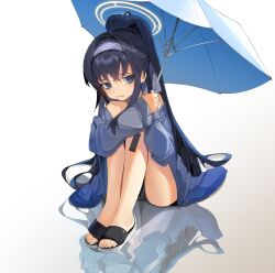 Rule 34 | 1girl, absurdres, bikini, black bikini, black hair, blue archive, blue jacket, blue umbrella, frown, hair between eyes, hair intakes, hairband, halo, highres, holding, holding umbrella, jacket, knees up, long hair, long sleeves, looking at viewer, official alternate costume, official alternate hairstyle, open mouth, ponytail, purple eyes, purple hairband, reflective floor, simple background, sitting, slippers, solo, swimsuit, ui (blue archive), ui (swimsuit) (blue archive), umbrella, very long hair, wavy mouth, white background, white halo, yuhezi