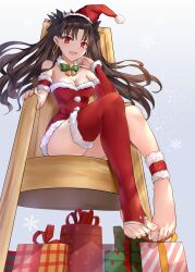 Rule 34 | 1girl, :d, adapted costume, alternate costume, asle, bare shoulders, barefoot, bell, black ribbon, breasts, brown hair, chinese commentary, christmas, cleavage, collar, commentary request, detached collar, detached sleeves, dress, earrings, fate/grand order, fate (series), feet, full body, fur-trimmed dress, fur-trimmed legwear, fur trim, hair ribbon, hat, hoop earrings, ishtar (fate), jewelry, legs, long hair, long legs, medium breasts, neck bell, open mouth, photoshop (medium), red eyes, red thighhighs, ribbon, santa costume, santa hat, single thighhigh, sitting, smile, snowflakes, solo, strapless, strapless dress, thighhighs, thighs, toeless legwear, tube dress
