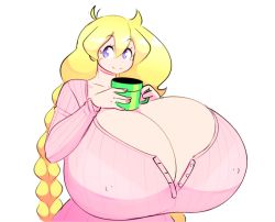 Rule 34 | 1girl, blonde hair, breasts, cassie (theycallhimcake), cleavage, coffee, dullahan, covered erect nipples, gigantic breasts, long hair, nail polish, original, pink nails, purple eyes, smile, solo, theycallhimcake, unbuttoned