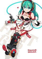 Rule 34 | 1girl, aqua eyes, aqua hair, arm support, bare shoulders, black gloves, breasts, cable, cleavage, commentary, crossed legs, detached sleeves, dress, fingerless gloves, gloves, goodsmile racing, hatsune miku, headphones, headset, heart, highres, impact wrench, leg armor, leg tattoo, len (a-7), logo, long hair, looking at viewer, medium breasts, racing miku, racing miku (2020), single detached sleeve, sitting, sleeveless, sleeveless dress, smile, smiley face, solo, tattoo, twintails, very long hair, vocaloid, white background, white dress, white sleeves