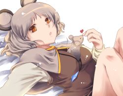 Rule 34 | 1girl, animal, animal between breasts, animal ears, atoki, between breasts, breasts, brown eyes, capelet, female focus, grey hair, heart, jewelry, lying, medium breasts, mouse (animal), mouse ears, nazrin, pendant, short hair, solo, touhou, white background