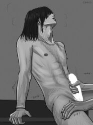 Rule 34 | 1boy, abs, artist name, black hair, censored, chain necklace, chainsaw man, earrings, einruji, english text, greyscale, hair over eyes, hand on table, hayakawa aki, heavy breathing, highres, jewelry, male focus, male masturbation, masturbation, medium hair, monochrome, necklace, nipples, nude, on table, open mouth, parted lips, simple background, sitting, sitting on table, solo focus, stud earrings, table