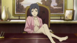 Rule 34 | 1girl, 428, barefoot, black hair, blouse, blue hair, breasts, canaan (series), chair, chunsoft, crossed legs, desk, feet, liang qi, open clothes, open shirt, painting (object), red eyes, robe, screencap, shirt, short hair, sitting, solo, towel