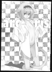 Rule 34 | 1girl, absurdres, alice margatroid, animal ears, cat ears, cat tail, checkered background, comic, convenient censoring, dowman sayman, dress shirt, greyscale, headband, highres, monochrome, navel, open clothes, panties, scan, shirt, short hair, socks, striped clothes, striped panties, tail, touhou, underwear