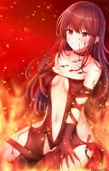Rule 34 | 1girl, blood, blood on face, blurry, blurry foreground, blush, breasts, brown dress, brown gloves, brown hair, burning, cleavage, collarbone, depth of field, dress, ear piercing, earrings, endsmall min, fate/grand order, fate (series), fire, gloves, grin, hair between eyes, hand up, highres, jewelry, long hair, looking at viewer, medium breasts, navel, piercing, red eyes, revealing clothes, ribbon-trimmed dress, ribbon trim, signature, sitting, smile, solo, strapless, strapless dress, very long hair, yu mei-ren (fate)