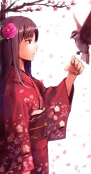 Rule 34 | 1girl, bird, black hair, flower, from side, hair flower, hair ornament, holysnow, japanese clothes, kimono, long hair, looking at viewer, original, petals, red eyes, solo