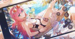 Rule 34 | 1girl, absurdres, bare shoulders, barefoot, breasts, character request, closed mouth, cup, eyebrows hidden by hair, eyewear on head, feet, foot out of frame, green eyes, highres, holding, holding cup, knee up, large breasts, legs, long hair, looking at viewer, nail polish, ocean, pink hair, sandals, smile, sunglasses, swimsuit, swkl:d, thigh strap, toenail polish, toenails, toes, unworn sandals, world flipper