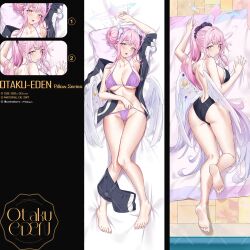 Rule 34 | 1girl, arm up, armpits, ass, backless swimsuit, bed sheet, bikini, black one-piece swimsuit, blue archive, blush, breasts, cameltoe, collarbone, dakimakura (medium), double bun, english text, feathered wings, full body, hair bun, hair ornament, hair scrunchie, highleg, highleg swimsuit, highres, jacket, kneepits, large breasts, looking at viewer, looking back, lying, median furrow, mika (blue archive), multiple views, on back, on stomach, one-piece swimsuit, open clothes, open jacket, pdxen, pillow, pink hair, ponytail, purple bikini, school swimsuit, scrunchie, shorts, shorts around one leg, smile, soles, string bikini, swimsuit, thong bikini, toes, track jacket, white wings, wings, wooden floor