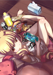 Rule 34 | 10s, 1girl, ahoge, blonde hair, can, candy, capcom, casual, clothes writing, cushion, food, from above, futaba anzu, handheld game console, highres, holding, idolmaster, idolmaster cinderella girls, long hair, looking at viewer, looking up, monster hunter (series), no panties, open mouth, panties, playstation portable, red eyes, shirt, sitting, snack, solo, striped clothes, striped panties, t-shirt, tsuuhan, underwear, yukumo (armor), zinogre