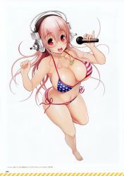 Rule 34 | 1girl, absurdres, american flag bikini, bare legs, bare shoulders, barefoot, bikini, blush, collarbone, feet, flag print, full body, headphones, highres, holding, jewelry, leg up, looking at viewer, microphone, navel, necklace, nitroplus, open mouth, page number, pink hair, red eyes, scan, simple background, smile, solo, star (symbol), star print, striped, super sonico, swimsuit, thighs, tsuji santa, white background
