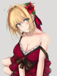 Rule 34 | 1girl, ahoge, bare shoulders, blonde hair, blush, breasts, caster (nero claudius), cleavage, dress, fate/grand order, fate (series), flower, frilled dress, frills, green eyes, grey background, hair flower, hair intakes, hair ornament, large breasts, long hair, looking at viewer, no bra, red dress, short hair, simple background, sitting, smile, solo, strap slip, yokozuwari