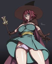 Rule 34 | 10s, 1girl, artist name, black background, breasts, cape, elbow gloves, female focus, from behind, from below, glasses, gloves, goblin slayer!, green eyes, groin, hat, large breasts, looking at viewer, onomeshin, panties, pink panties, purple hair, short hair, skindentation, solo, staff, sweat, thighs, underwear, upskirt, witch hat, wizard (goblin slayer!)