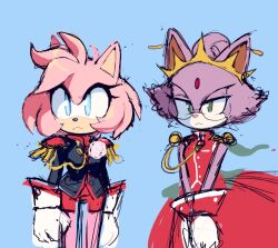 Rule 34 | 2girls, alternate costume, amy rose, animal ears, animal nose, bare shoulders, black jacket, blaze the cat, blue background, blue eyes, buttons, cat ears, cat girl, clenched hands, closed mouth, commentary, dress, english commentary, eyelashes, flower, furry, furry female, glasses, gloves, green eyes, half-closed eyes, hedgehog ears, hedgehog girl, jacket, long sleeves, looking at viewer, looking to the side, motobug, multiple girls, pink flower, pink fur, pink rose, pocket, purple fur, red dress, red shorts, rose, shorts, shoujo kakumei utena, simple background, sleeveless, sleeveless dress, sonic (series), standing, tiara, white gloves