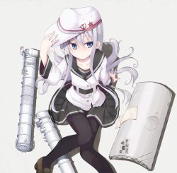 Rule 34 | 10s, 1girl, :/, arm support, black pantyhose, blue eyes, blush, hammer and sickle, hand on headwear, hat, hibiki (kancolle), kantai collection, loafers, long hair, looking at viewer, mochiki, pantyhose, pleated skirt, revision, school uniform, serafuku, shoes, silver hair, sitting, skirt, solo, verniy (kancolle)