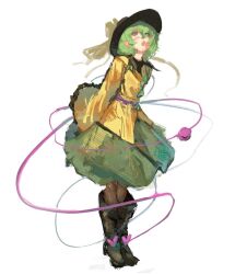 Rule 34 | 1girl, black collar, black footwear, black hat, boots, bow, buttons, collar, collared shirt, diamond button, frilled sleeves, frills, full body, green eyes, green hair, green skirt, grey pantyhose, hat, hat bow, heart, komeiji koishi, long sleeves, looking up, miniskirt, open mouth, pantyhose, shirt, short hair, simple background, skirt, sleeves past fingers, sleeves past wrists, solo, sparkle71059204, third eye, touhou, white background, yellow bow, yellow shirt, yellow sleeves