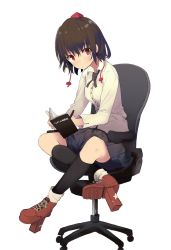 Rule 34 | 1girl, black hair, black neckwear, black skirt, black socks, blush, book, chair, closed mouth, collared shirt, commentary request, full body, geta, hat, highres, holding, holding book, kneehighs, long sleeves, looking at viewer, mieharu, office chair, on chair, open book, red eyes, red footwear, red hat, shameimaru aya, shirt, shoes, short hair, simple background, sitting, skirt, sneakers, socks, solo, swivel chair, tengu-geta, tokin hat, touhou, white background, white shirt, writing