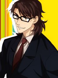 Rule 34 | 1boy, bad id, bad pixiv id, brown eyes, brown hair, cheekbones, dairii, fate/stay night, fate/tiger colosseum, fate (series), formal, glasses, kotomine kirei, looking at viewer, male focus, necktie, solo, suit