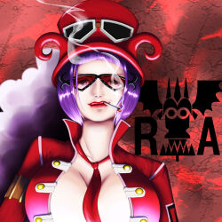 Rule 34 | 1girl, belo betty, bob cut, breasts, cigarette, cleavage, commentary request, goggles, goggles on headwear, hat, hat feather, highres, jacket, looking at viewer, mitsuki32, necktie, one piece, open clothes, open shirt, purple hair, red-tinted eyewear, red hat, red jacket, red lips, red necktie, smoke, solo, tinted eyewear