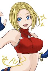 Rule 34 | 1girl, armpit peek, blonde hair, blue eyes, blue mary, breasts, curvy, fatal fury, highres, large breasts, looking at viewer, midriff, navel, open mouth, pants, short hair, smile, snk, solo, the king of fighters, the king of fighters xv