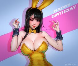 Rule 34 | 1girl, absurdres, animal ears, artist name, bare shoulders, black collar, black hair, black wrist cuffs, blue eyes, bow, bowtie, brassica, breasts, collar, collarbone, dated, fake animal ears, fox shadow puppet, haneame, happy birthday, highres, large breasts, leotard, long hair, one eye closed, original, playboy bunny, rabbit ears, shadow, solo, two-tone background, upper body, wrist cuffs, yellow bow, yellow bowtie, yellow leotard