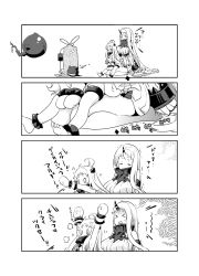 Rule 34 | 10s, 2girls, 4koma, abyssal ship, ahoge, claws, comic, greyscale, highres, horns, iwami shouko, kantai collection, long hair, mittens, monochrome, multiple girls, northern ocean princess, seaport princess, single horn, sitting, sitting on person, translation request, watching television