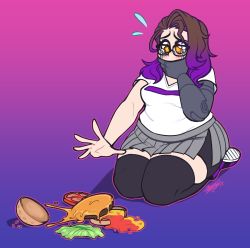 Rule 34 | 1girl, absurdres, breasts, burger, food, glasses, gradient background, highres, inatv, indie virtual youtuber, md5 mismatch, mechanical arms, medium breasts, plump, resolution mismatch, single mechanical arm, skirt, solo, source smaller, thighhighs, toxicsoul77, virtual youtuber, yellow eyes