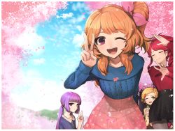 Rule 34 | 10s, 4girls, :d, ;d, aikatsu!, aikatsu! (series), alternate hairstyle, aran sweater, blonde hair, blush, braid, brown hair, cable knit, casual, cherry blossoms, closed eyes, french braid, green eyes, hair ornament, hair ribbon, hikami sumire, hitoto, jewelry, kurebayashi juri, long hair, long sleeves, looking at viewer, multiple girls, necklace, one eye closed, one side up, ozora akari, open mouth, ponytail, purple eyes, purple hair, red eyes, ribbon, shinjo hinaki, short hair, skirt, smile, star (symbol), star hair ornament, sweater, tree, twintails, v