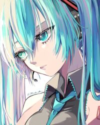 Rule 34 | 1girl, arms at sides, bare shoulders, between breasts, blue eyes, blue hair, blue necktie, breasts, close-up, collared shirt, expressionless, frilled shirt, frills, grey shirt, hair between eyes, hatsune miku, highres, long hair, looking ahead, medium breasts, multicolored hair, naguno-0713, necktie, necktie between breasts, number tattoo, parted lips, pink hair, portrait, shirt, sleeveless, sleeveless shirt, solo, streaked hair, tattoo, teeth, twintails, twitter username, two-tone hair, vocaloid, wing collar