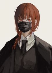 Rule 34 | 1girl, black coat, black mask, black necktie, braid, braided ponytail, chainsaw man, coat, collared shirt, highres, jacket, looking to the side, makima (chainsaw man), mask, mouth mask, necktie, null (skev7724), ponytail, red eyes, red hair, ringed eyes, shirt, simple background, solo, white background