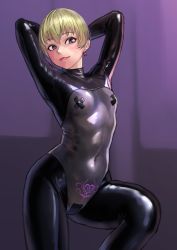 Rule 34 | 1girl, arms behind head, arms up, black bodysuit, blonde hair, blush, bodysuit, breasts, commentary request, covered erect nipples, covered navel, earrings, highres, jewelry, kilye kairi, knee up, latex, latex bodysuit, looking at viewer, maebari, original, pasties, pubic tattoo, purple background, purple eyes, red lips, shiny clothes, short hair, skin tight, small breasts, solo, star (symbol), star earrings, tattoo