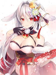 Rule 34 | 1girl, animal ears, bare shoulders, black gloves, breasts, cleavage, collarbone, commentary request, copyright request, earrings, flower, fur trim, gloves, hair flower, hair ornament, hair ribbon, hoop earrings, indie virtual youtuber, japanese clothes, jewelry, kagachi saku, kimono, large breasts, long hair, looking at viewer, rabbit ears, red eyes, red ribbon, ribbon, silver hair, simple background, smile, solo, virtual youtuber