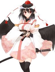Rule 34 | 1girl, alternate costume, armor, black hair, black thighhighs, black wings, blush, commentary request, cowboy shot, detached sleeves, floral print, hair between eyes, hand fan, hat, highres, holding, holding weapon, japanese armor, japanese clothes, katana, kote, kourindou tengu costume, kurokote, looking at viewer, obi, pointy ears, pom pom (clothes), red eyes, red hat, sash, scabbard, shameimaru aya, sheath, sheathed, short hair, shunichi, simple background, smile, solo, sword, tassel, thighhighs, tokin hat, touhou, weapon, white background, wide sleeves, wings
