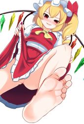 Rule 34 | 1girl, akabashi yuusuke, ascot, bare legs, barefoot, blonde hair, bow, breasts, cleavage, commentary request, feet, flandre scarlet, foot focus, from below, hat, hat bow, looking at viewer, miniskirt, mob cap, no panties, puffy short sleeves, puffy sleeves, red bow, red eyes, red skirt, short sleeves, side ponytail, simple background, skirt, skirt set, smile, soles, solo, toes, touhou, uneven eyes, vest, white background, white hat, wings, yellow ascot