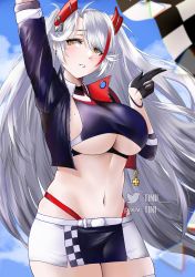 Rule 34 | 1girl, absurdres, arm up, artist name, azur lane, belt, black gloves, breasts, checkered flag, clothing cutout, cropped shirt, cross, cross earrings, earrings, flag, gloves, half gloves, headgear, highres, jacket, jewelry, large breasts, long hair, microskirt, mole, mole on breast, multicolored hair, navel, official alternate costume, open clothes, open jacket, panties, panty straps, pixiv username, prinz eugen (azur lane), prinz eugen (final lap) (azur lane), purple jacket, purple skirt, race queen, red hair, red panties, skirt, solo, streaked hair, tini, two-tone hair, two-tone skirt, underboob, underboob cutout, underwear, white belt, white hair, white skirt, yellow eyes, zipper
