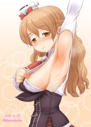 Rule 34 | 10s, 1girl, 2016, arm up, armpits, bare shoulders, blush, breasts, brown eyes, brown hair, dated, detached sleeves, hat, kantai collection, katou techu, large breasts, long hair, looking at viewer, sideboob, smile, solo, zara (kancolle)