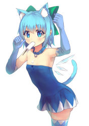 Rule 34 | 1girl, adapted costume, animal ears, bell, blue dress, blue eyes, blue gloves, blue hair, bow, cat ears, cat tail, cirno, collar, colored eyelashes, cowboy shot, culter, dress, dripping, elbow gloves, eyelashes, food, gloves, hair bow, ice, jingle bell, kemonomimi mode, looking at viewer, matching hair/eyes, melting, neck bell, popsicle, sexually suggestive, short dress, short hair, simple background, solo, strapless, strapless dress, tail, thighhighs, touhou, white background, wings, zettai ryouiki