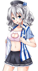 Rule 34 | 10s, 1girl, blue eyes, breasts, cat lingerie, cleavage cutout, clothing cutout, employee uniform, hat, highres, kantai collection, kashima (kancolle), lawson, meme attire, navel, open clothes, open shirt, shirt, silver hair, solo, twintails, underwear, uniform, wavy hair, yuuki hb