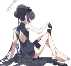 Rule 34 | 1girl, back, barefoot, black dress, black footwear, black hair, black ribbon, blue archive, breasts, butterfly hair ornament, china dress, chinese clothes, coat, commentary request, double bun, dragon print, dress, feet, grey coat, grey eyes, grey halo, hair bun, hair ornament, halo, holding, holding shoes, kisaki (blue archive), legs, looking at viewer, looking back, mitsutsuka, ribbon, shoes, small breasts, striped clothes, striped coat, toes, twintails, vertical-striped clothes, white background