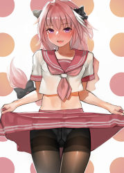 Rule 34 | 1boy, :d, absurdres, astolfo (fate), astolfo (sailor paladin) (fate), blush, bow, braid, brown pantyhose, bulge, clothes lift, commentary request, cowboy shot, crop top, fang, fate/grand order, fate (series), full-face blush, gusset, hair bow, hair intakes, highres, lifting own clothes, long hair, looking at viewer, male focus, multicolored hair, navel, neckerchief, official alternate costume, open mouth, panties, panties under pantyhose, pantyhose, pink hair, pink neckerchief, polka dot, polka dot background, purple eyes, school uniform, serafuku, shirt, short sleeves, single braid, skirt, skirt lift, smile, solo, standing, streaked hair, thigh gap, thighband pantyhose, trap, tsurime, underwear, upskirt, very long hair, white hair, white panties, white shirt, yomu (sgt epper)
