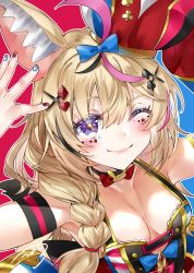 Rule 34 | 1girl, absurdres, animal ear fluff, animal ears, arm strap, blue nails, blush, bow, bowtie, braid, breasts, cleavage, commentary request, fox ears, fox girl, hair between eyes, hair ornament, hairclip, halterneck, hat, highres, hololive, jester cap, kou mashiro, looking at viewer, medium breasts, nail polish, omaru polka, omaru polka (1st costume), purple eyes, red nails, sidelocks, signature, single braid, sleeveless, smile, solo, star-shaped pupils, star (symbol), symbol-shaped pupils, virtual youtuber