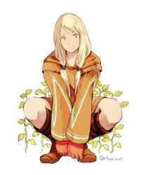 Rule 34 | 1girl, blonde hair, boots, closed mouth, final fantasy, final fantasy tactics, full body, geomancer (fft), gloves, long hair, looking at viewer, muraicchi (momocchi), plant, simple background, smile, solo, squatting, twintails, white background