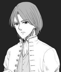 Rule 34 | 10s, 1boy, ascot, bad id, bad pixiv id, black background, brooch, buttons, closed mouth, expressionless, eyelashes, formal, gem, gilthunder, greyscale, hatena666, jacket, jewelry, looking at viewer, male focus, monochrome, nanatsu no taizai, nazonazo, portrait, serious, shirt, short hair, simple background, solo, suit, unbuttoned, upper body, vest