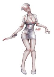 Rule 34 | 1girl, artist request, blood, blood on clothes, breasts, bubble head nurse, cleavage, faceless, faceless female, gloves, hat, highres, holding, holding knife, holding weapon, knife, large breasts, monster girl, no eyes, nurse, nurse (silent hill), nurse cap, shiny skin, silent hill, silent hill (series), silent hill 2, simple background, solo, weapon, white gloves