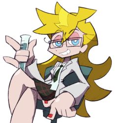 Rule 34 | 10s, 1girl, alternate costume, bad id, bad pixiv id, bespectacled, blazer, blonde hair, blue eyes, chair, glasses, grin, jacket, crossed legs, long hair, nail polish, necktie, official style, panty &amp; stocking with garterbelt, panty (psg), red nails, school uniform, shenanimation, sitting, skirt, smile, solo, test tube, white background