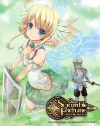 Rule 34 | 1boy, 1girl, armor, blonde hair, blue eyes, breasts, cleavage, copyright name, fairy wings, hair ornament, holding, ichiru (yuzu-an), looking at viewer, official art, pleated skirt, scramble fortune, shield, short hair, skirt, small breasts, smile, wings
