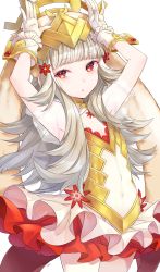 Rule 34 | 1girl, animal ears, armpits, arms up, bare arms, blunt bangs, blush, bow, center opening, commentary request, crown, fake animal ears, fire emblem, fire emblem heroes, frilled cuffs, gloves, grey hair, hair ornament, highres, kemonomimi mode, leotard, long hair, looking at viewer, navel, nintendo, pantyhose, parted lips, playboy bunny, rabbit, rabbit ears, rabbit tail, red eyes, ringozaka mariko, sidelocks, simple background, solo, stomach, tail, veronica (fire emblem), white background, wrist cuffs