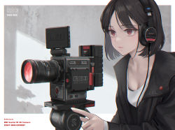 Rule 34 | 1girl, black hair, black jacket, border, breasts, cleavage, closed mouth, commentary, recording, headphones, highres, jacket, long sleeves, original, red eyes, shirt, short hair, solo, sugai (4ugaii), video camera, white border, white shirt