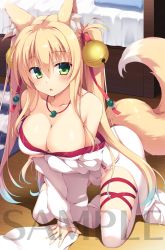 Rule 34 | 1girl, :o, animal ears, arm support, bare shoulders, bed, bell, blonde hair, blue hair, blush, breasts, cleavage, collarbone, commentary request, dress, fox ears, fox girl, fox tail, gradient hair, green eyes, hair bell, hair between eyes, hair ornament, hair ribbon, highres, indoors, jewelry, jingle bell, kneeling, large breasts, long hair, looking at viewer, magatama, magatama necklace, multicolored hair, necklace, off-shoulder dress, off shoulder, on floor, original, parted lips, pillow, red ribbon, ribbon, sample watermark, solo, striped, tail, twintails, very long hair, watermark, white dress, wooden floor, yuzu modoki