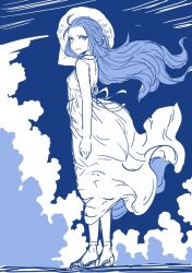 Rule 34 | 1girl, blue hair, breasts, chrono trigger, cloud, commentary request, dress, hat, long hair, open mouth, queen zeal, s-a-murai, sky, solo